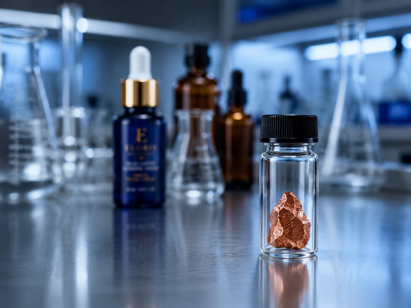 ELORIS skincare lab bench with copper element vial