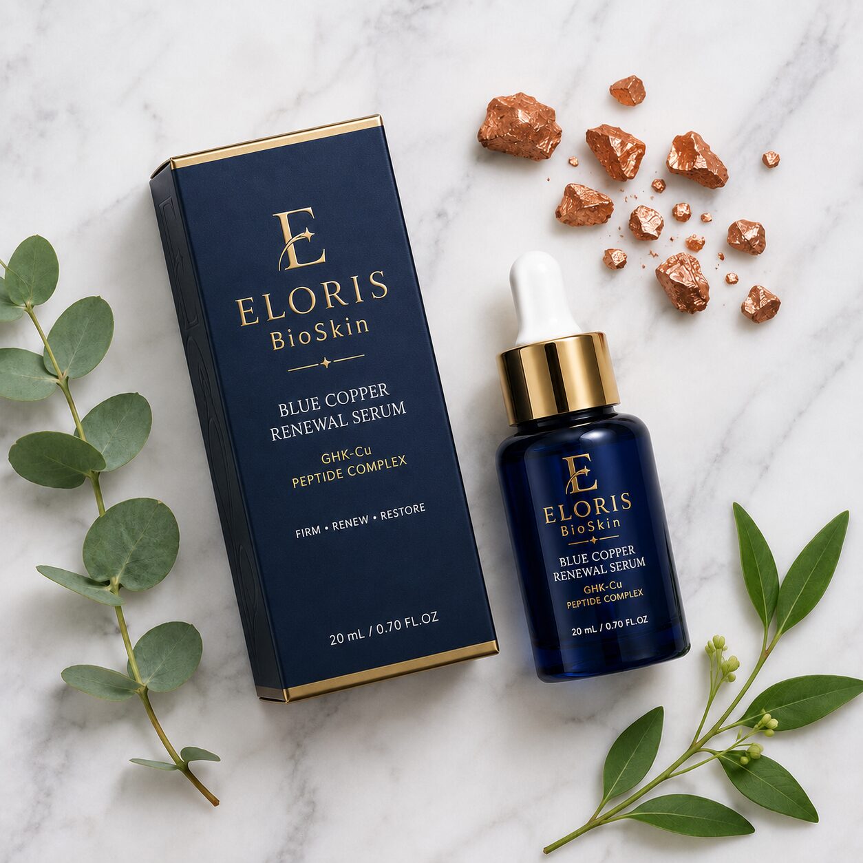 ELORIS serum flat lay with copper and botanicals